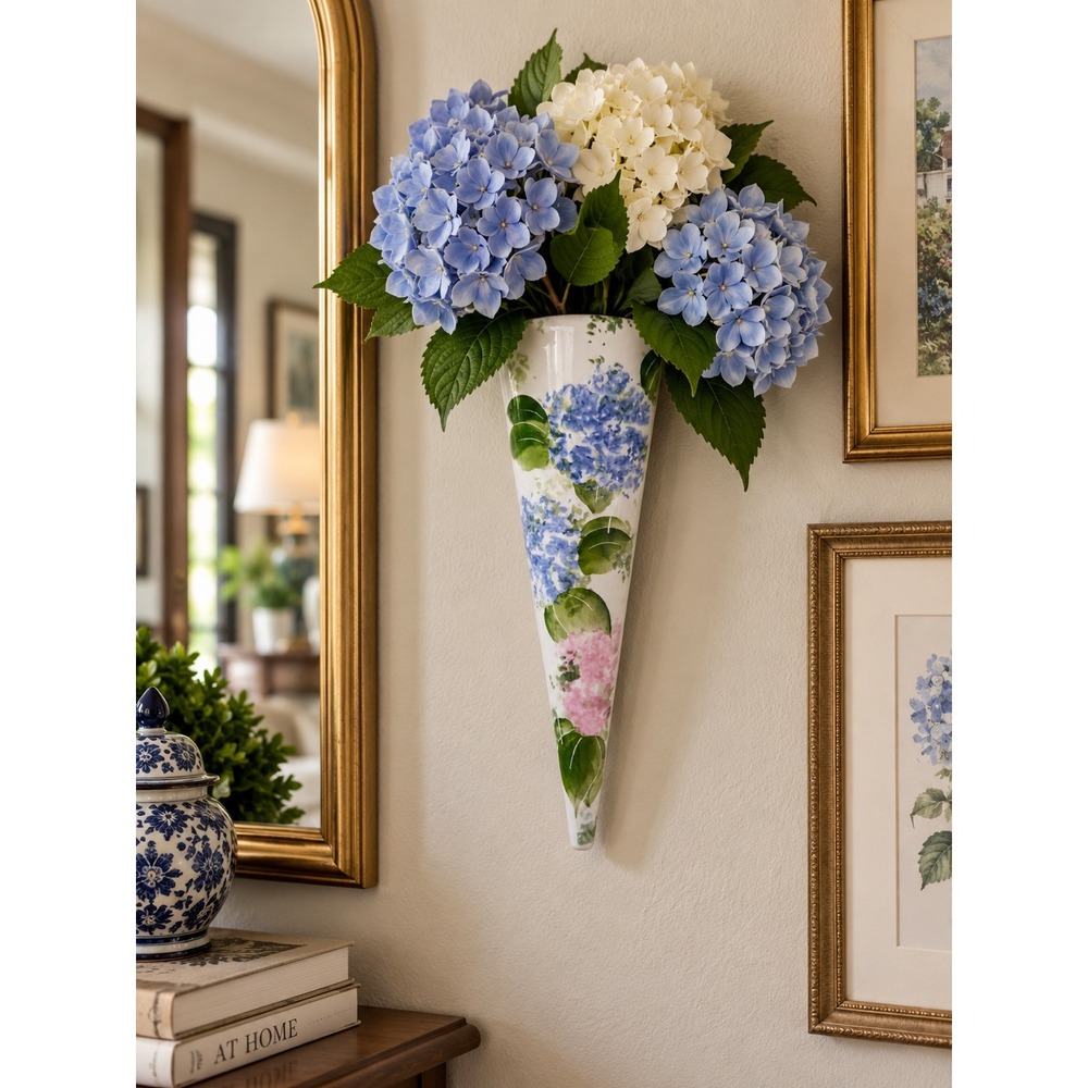 Jodi Stroh 2006 Hydrangea Ceramic Wall Pocket Vase 13" Hand Painted Signed